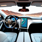 **Prompt:** A futuristic Tesla car driving on a highway, autopilot engaged, surrounded by sensors and cameras visualizing the self-driving system, showcasing advanced technology, emphasizing safety and innovation.
